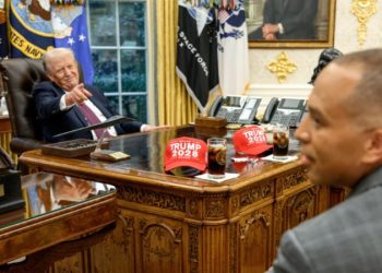 Trump taunts Democrat leaders with ‘Trump 2028’ hats in Oval Office as shutdown approaches